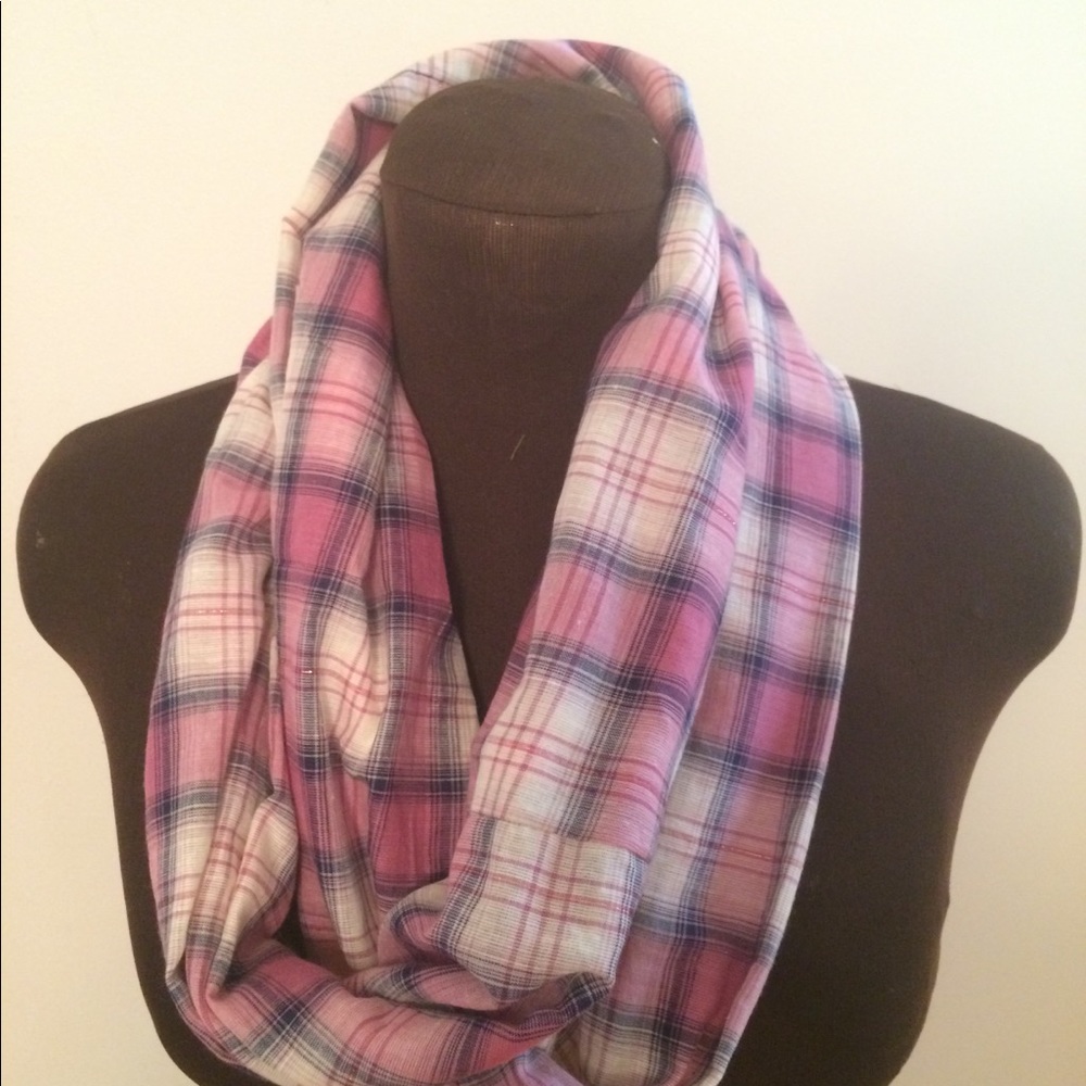 Handmade Pink & Navy Cotton Plaid Infinity Scarf